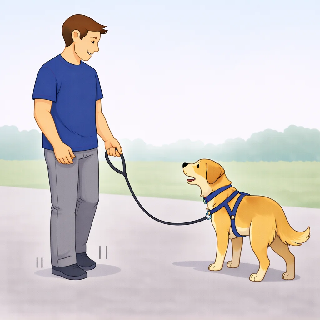 Person standing still like a tree while dog on leash learns that pulling stops forward movement