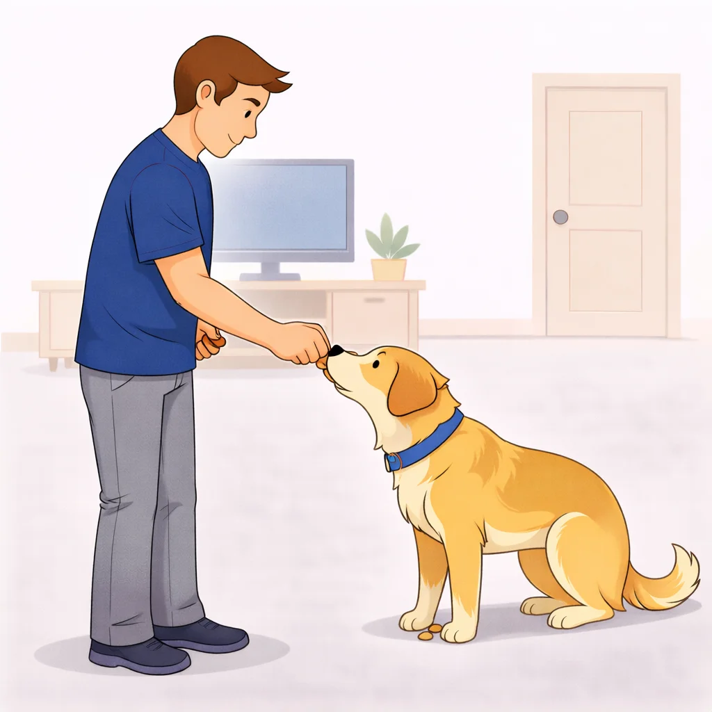 Dog sniffing and investigating closed fist then pulling away to get a reward