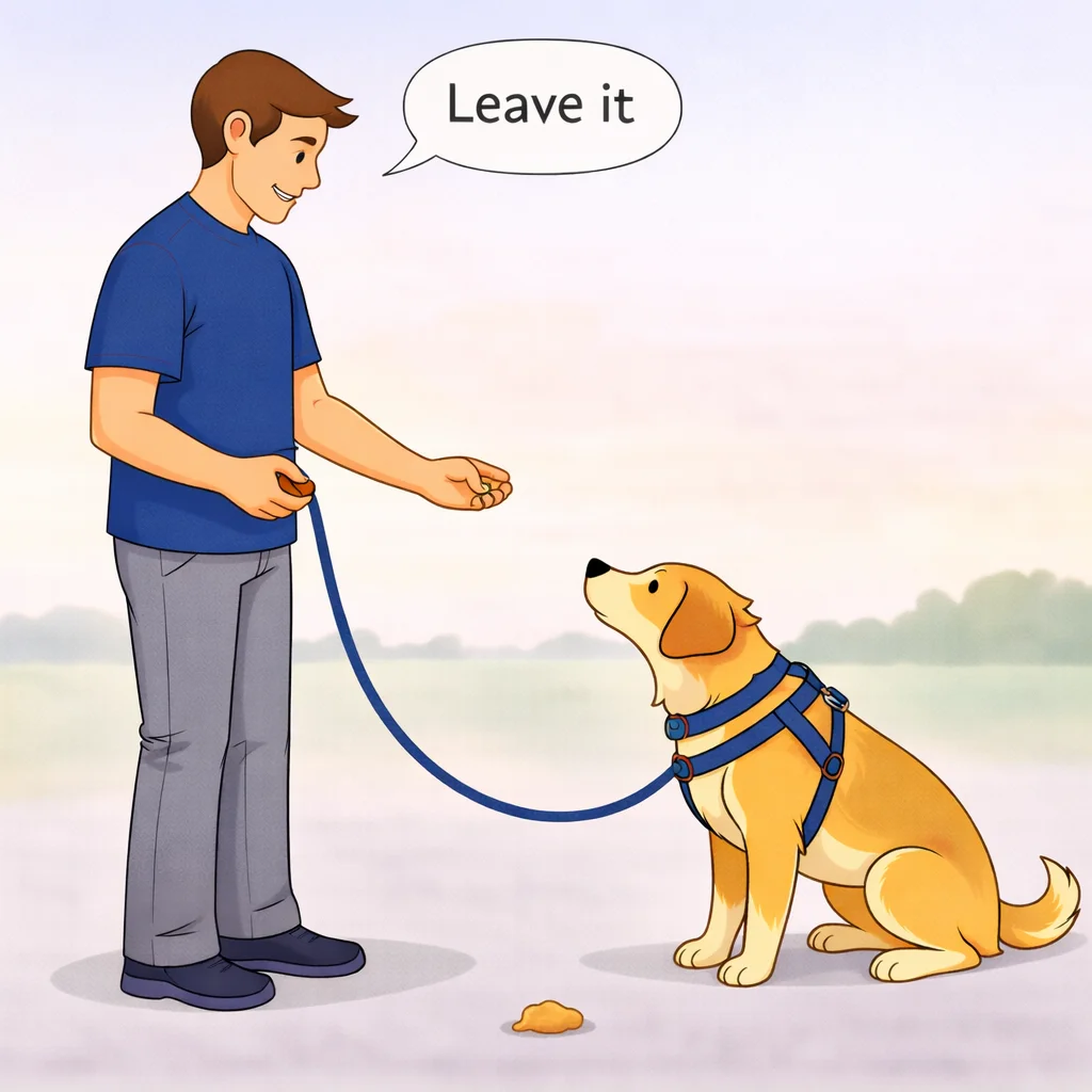 Person walking dog on leash past interesting item on ground while dog leaves it and looks up