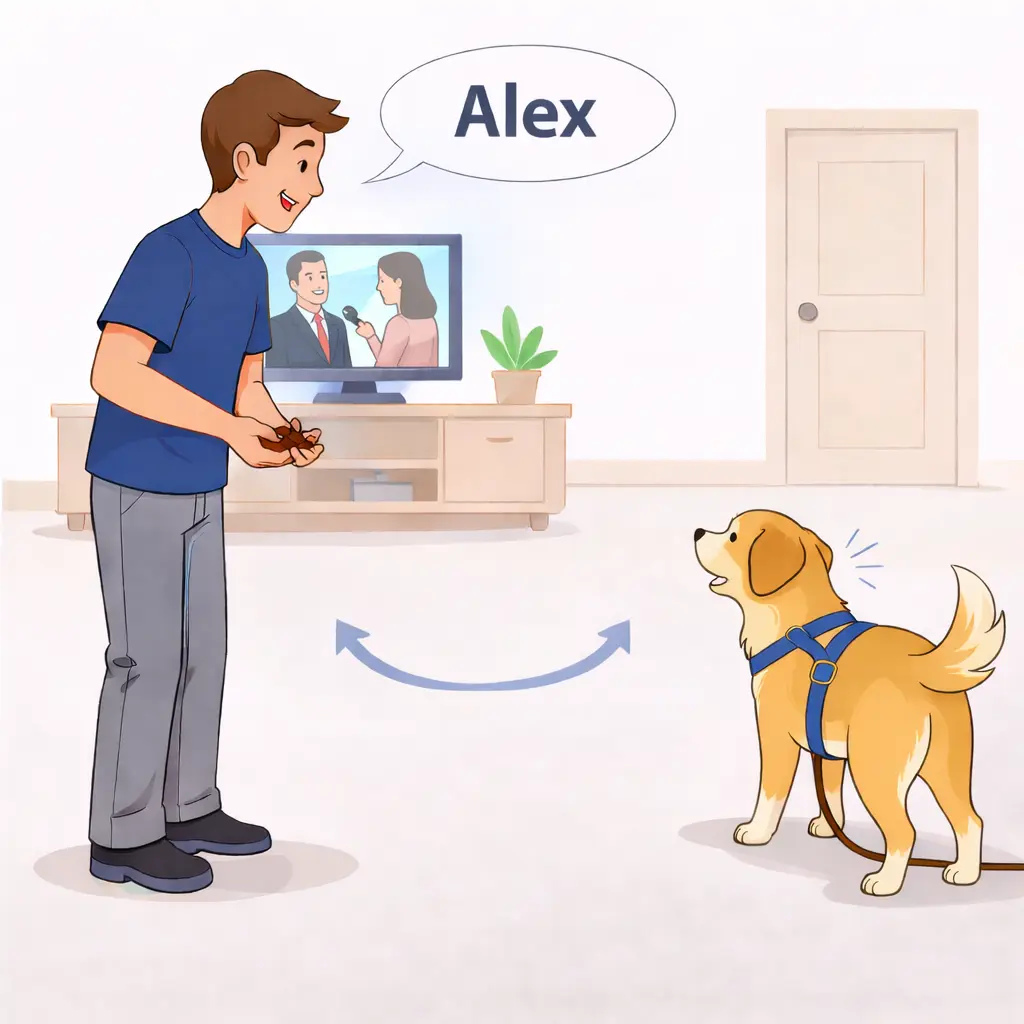 Person practicing name recognition with dog in a busier environment with mild distractions