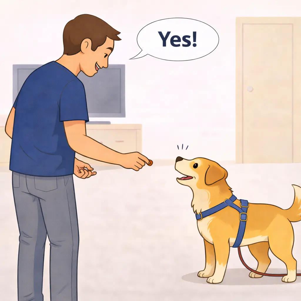 Dog making eye contact with person after hearing its name and getting a treat reward