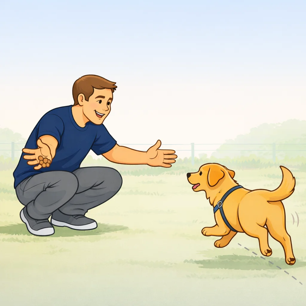 Dog running freely off leash in fenced area coming back to person on recall