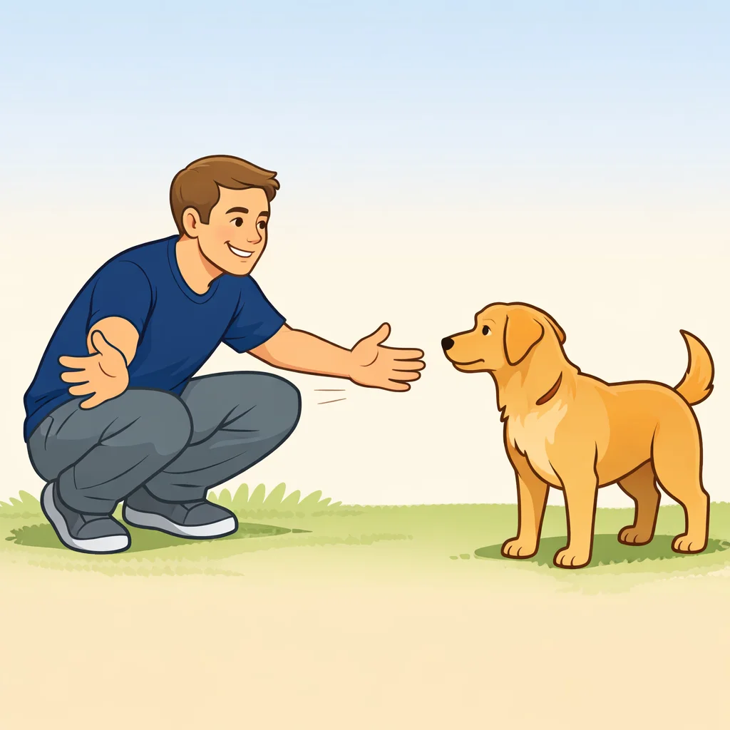 Person crouching with open arms as the off-leash recall hand signal