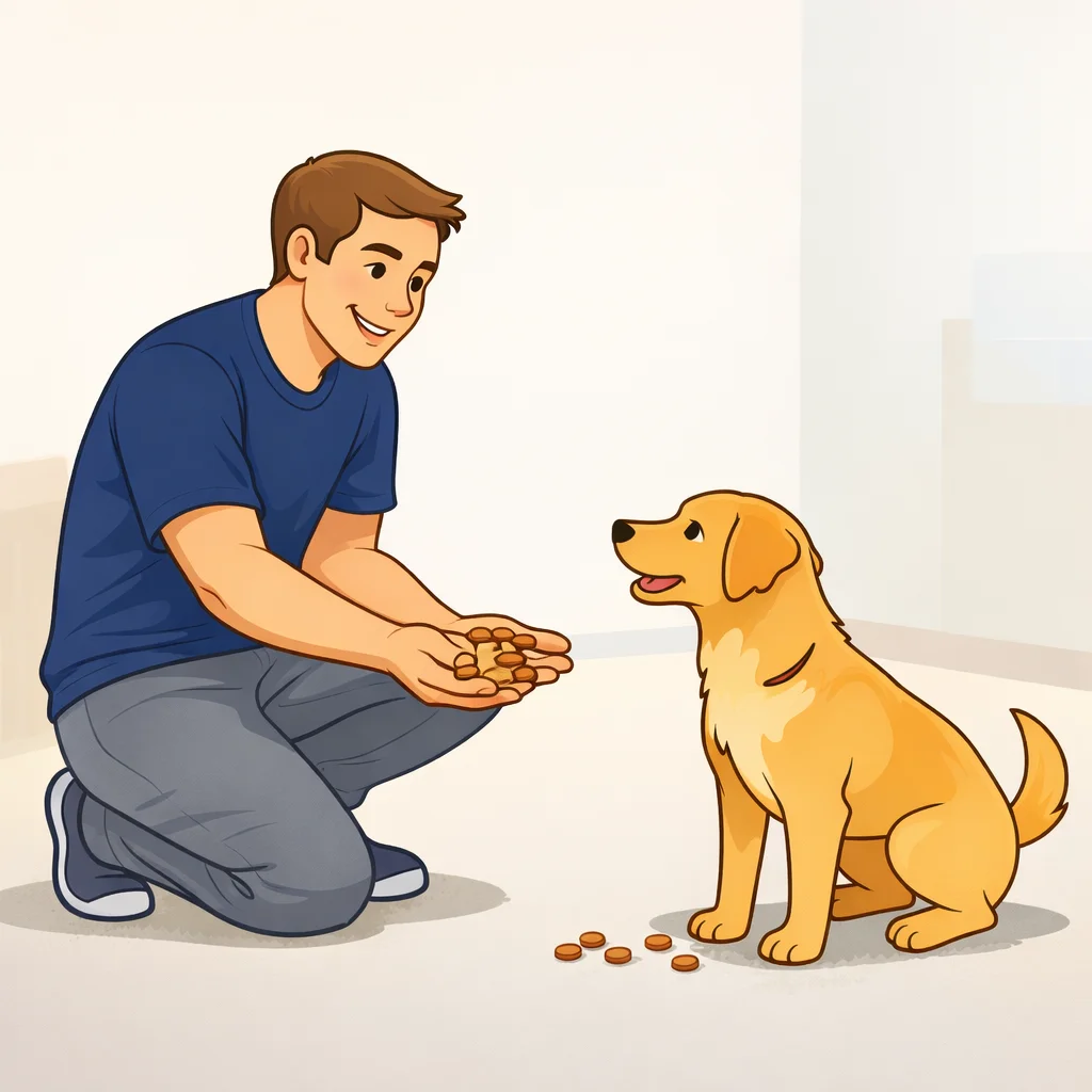 Person giving dog high value treats indoors to build strong association with new recall command