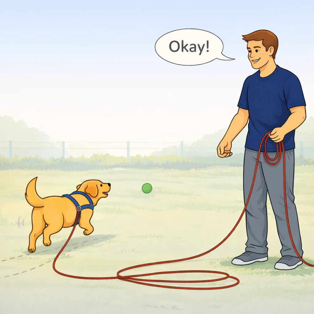 Person rewarding dog then releasing them back to play showing recall does not end the fun