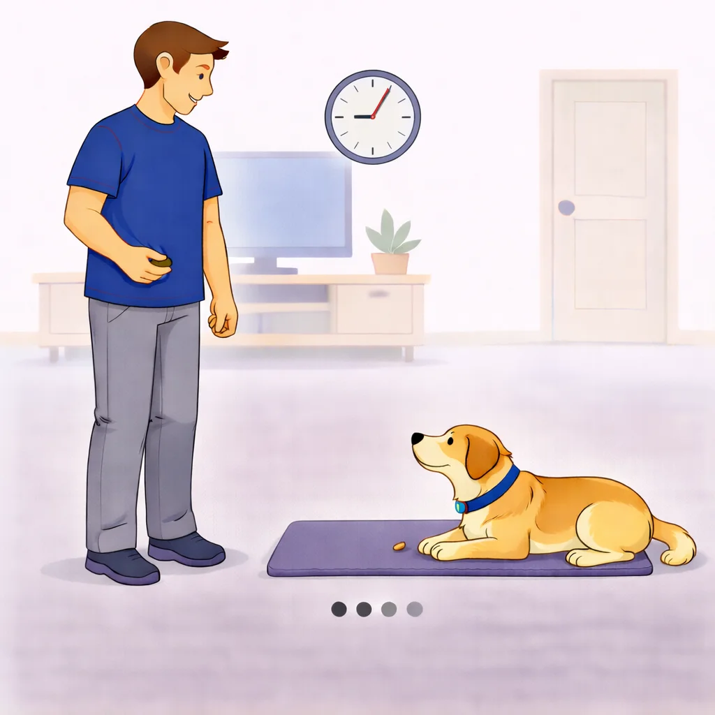 Dog staying relaxed on mat for an extended period while person rewards at intervals