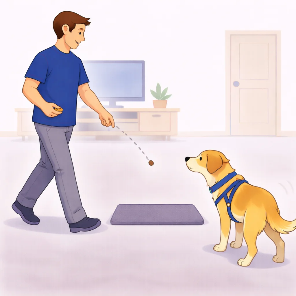 Person tossing treats onto a dog mat to build positive association with the spot