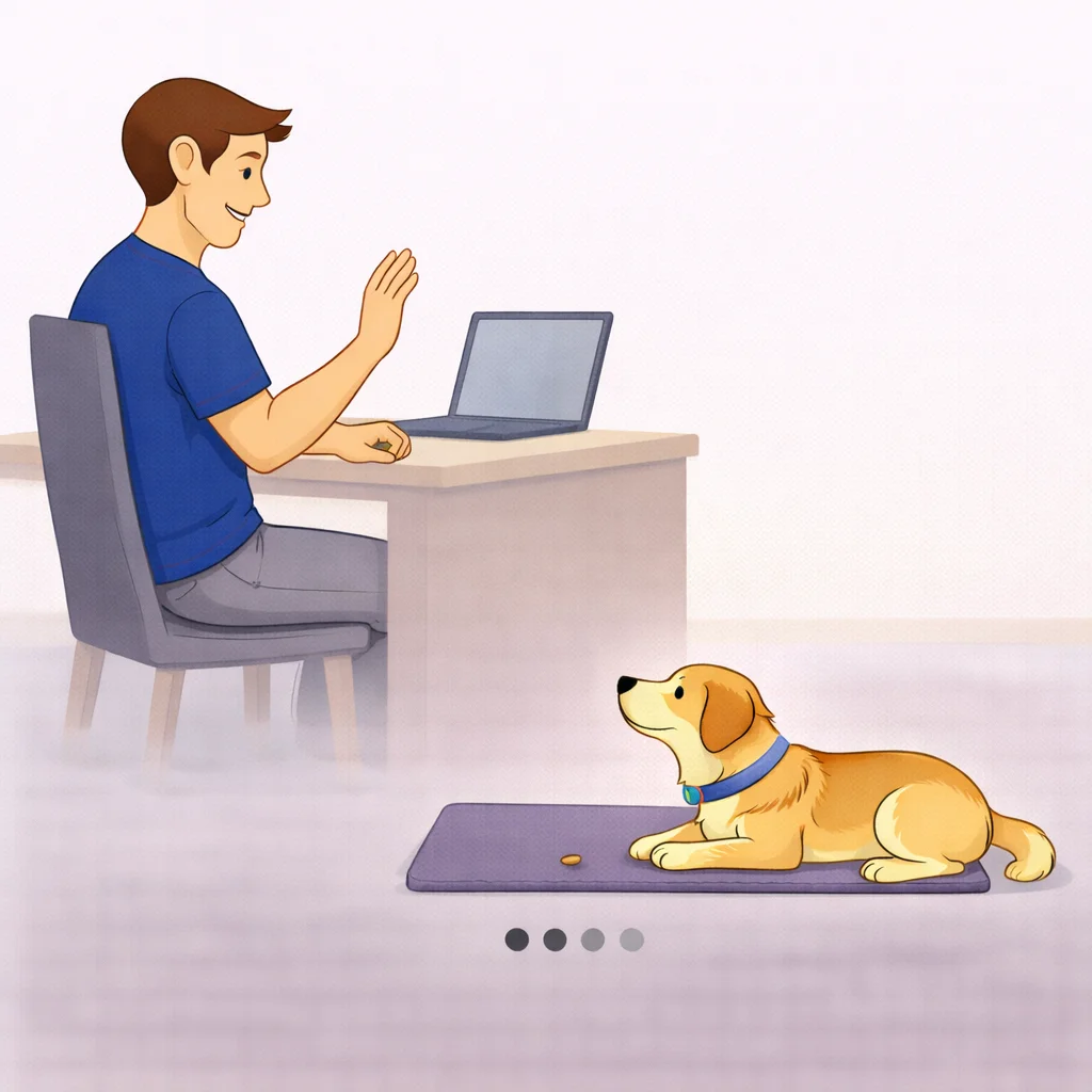 Dog holding place on mat while person answers the door as a real life distraction