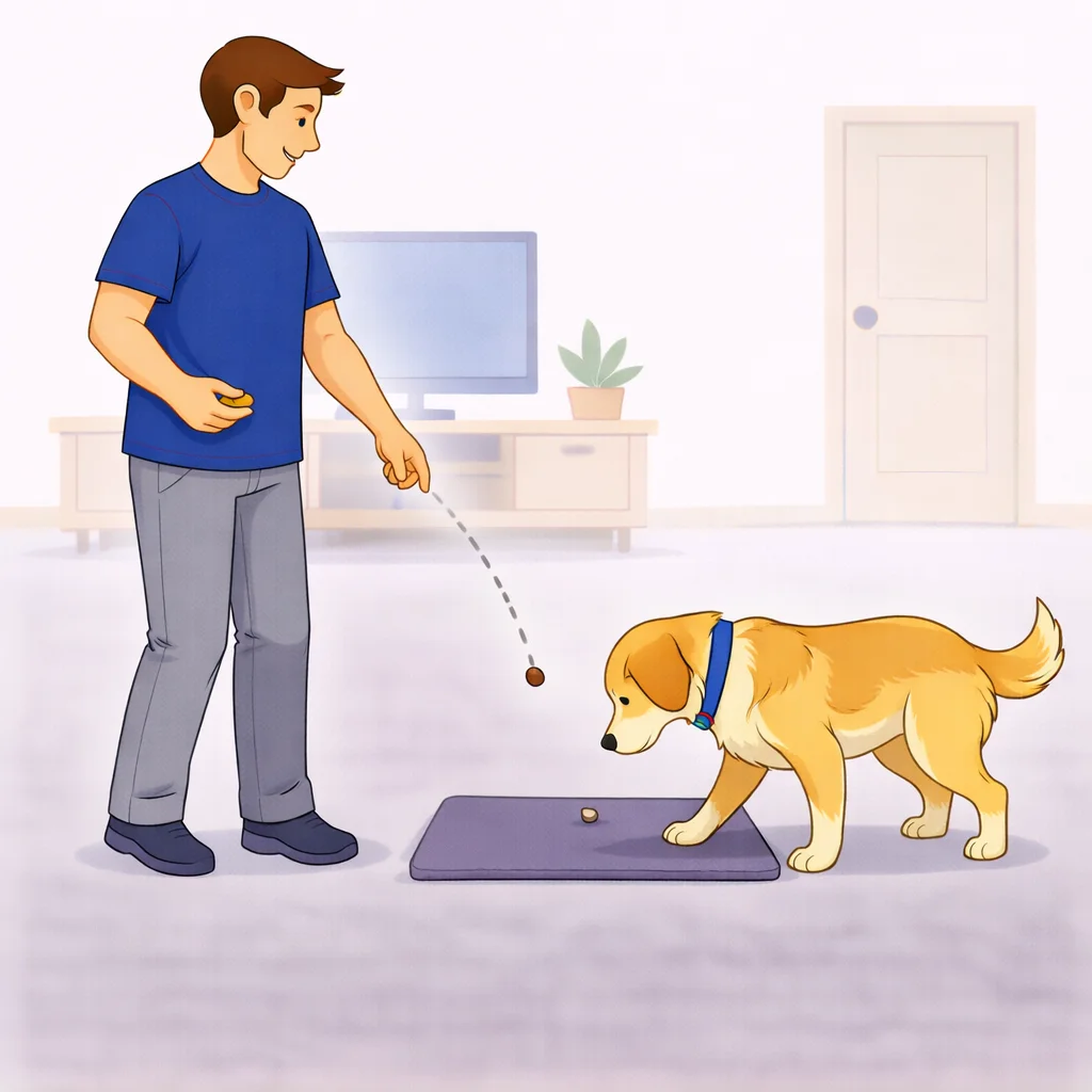 Dog lying down on mat while person gives a treat reward for getting on the mat