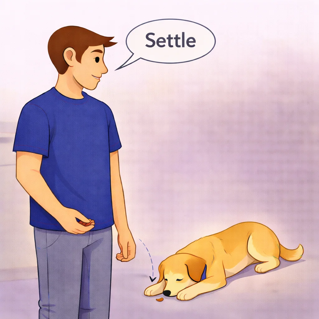 Person saying settle in a calm voice with downward hand gesture while dog relaxes