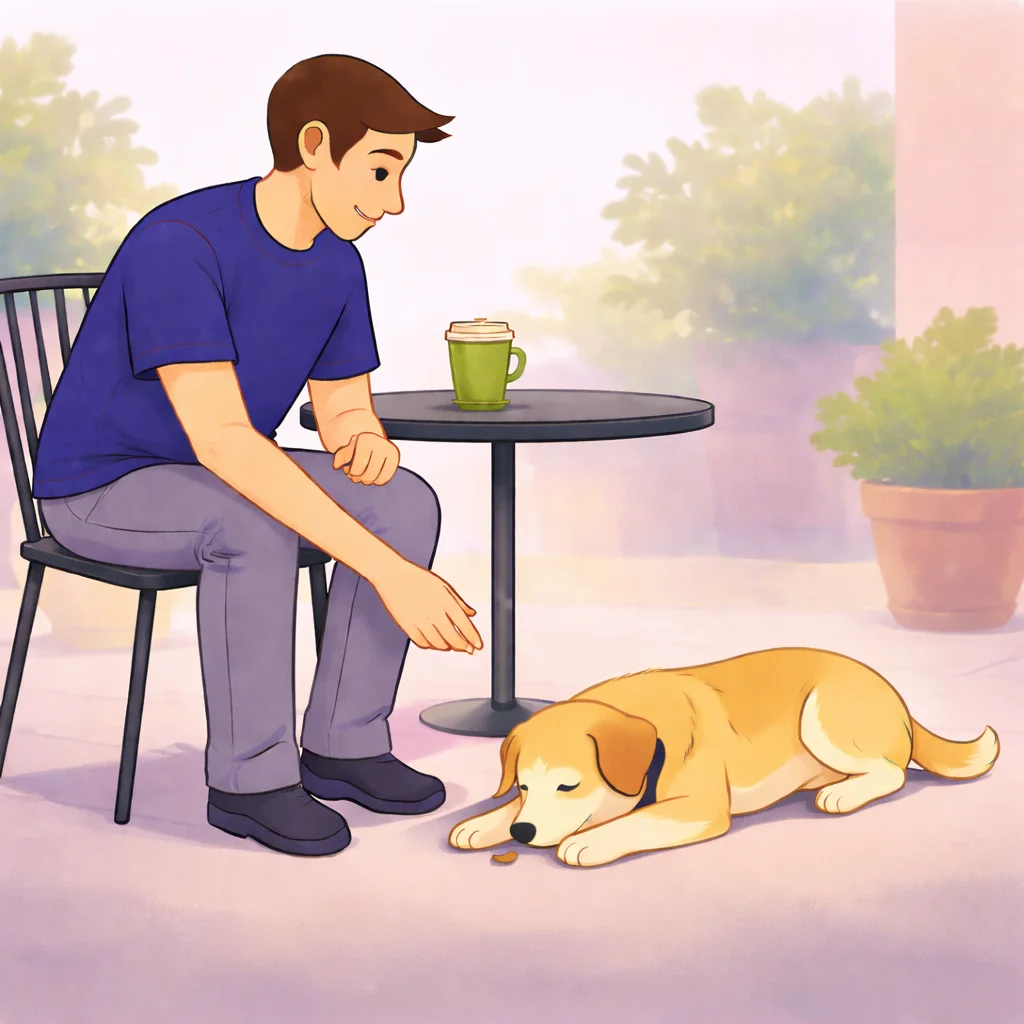 Dog lying calmly on a mat at an outdoor cafe patio while person sits nearby