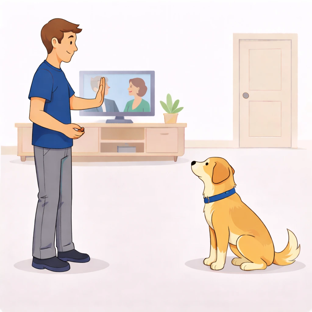 Dog holding stay position while a ball bounces and a person walks by as distractions