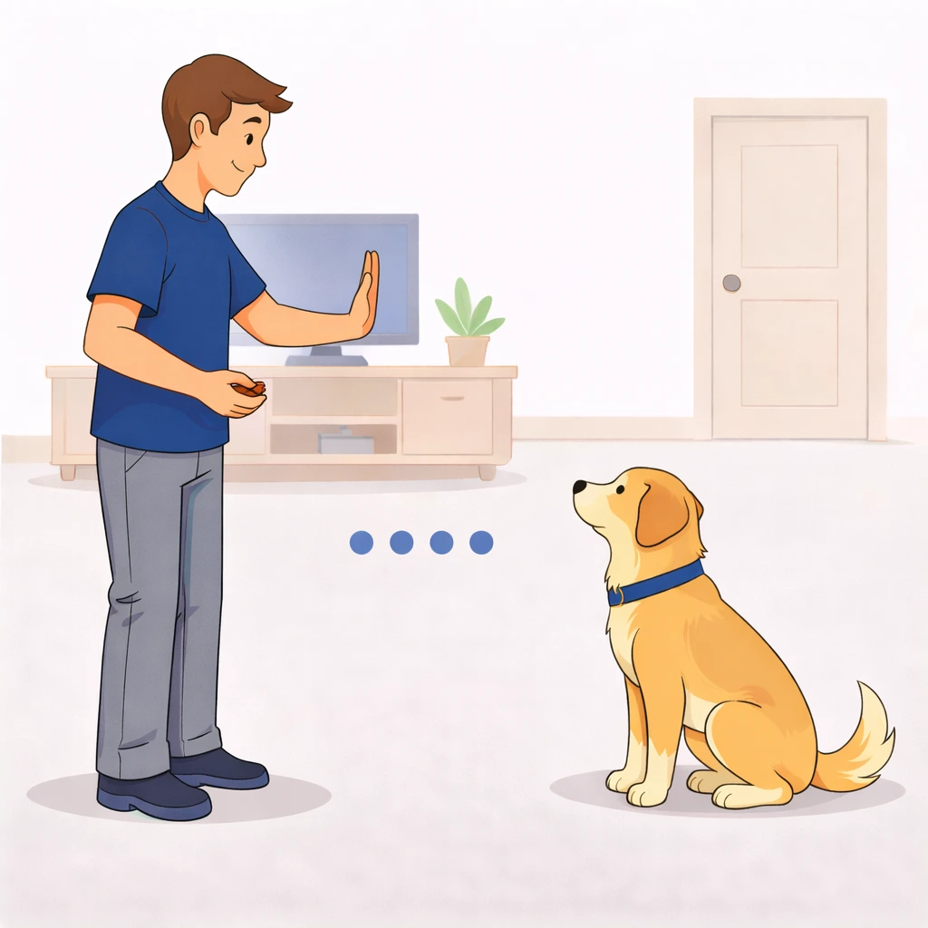 Dog holding stay position for increasing durations from 1 to 10 seconds