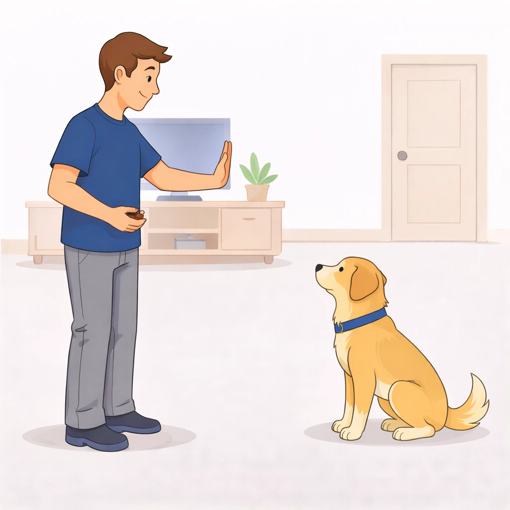 Person showing open palm stop gesture to a sitting dog for the stay command