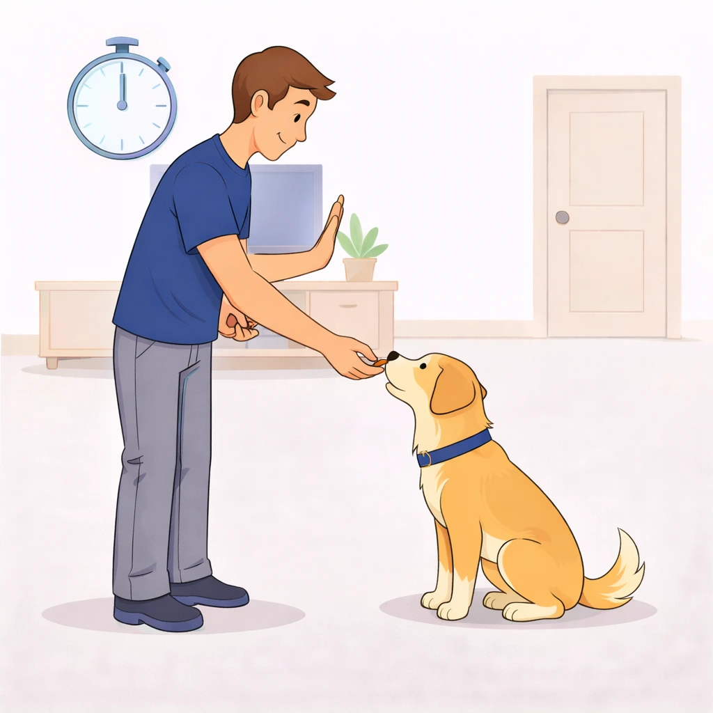 Person saying stay to sitting dog then giving treat after one second