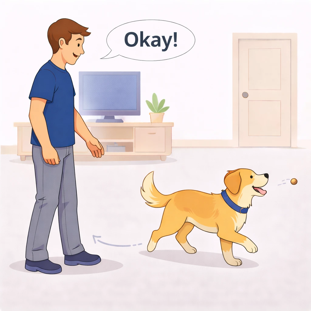 Person saying release word while dog gets up from stay and gets a treat tossed away