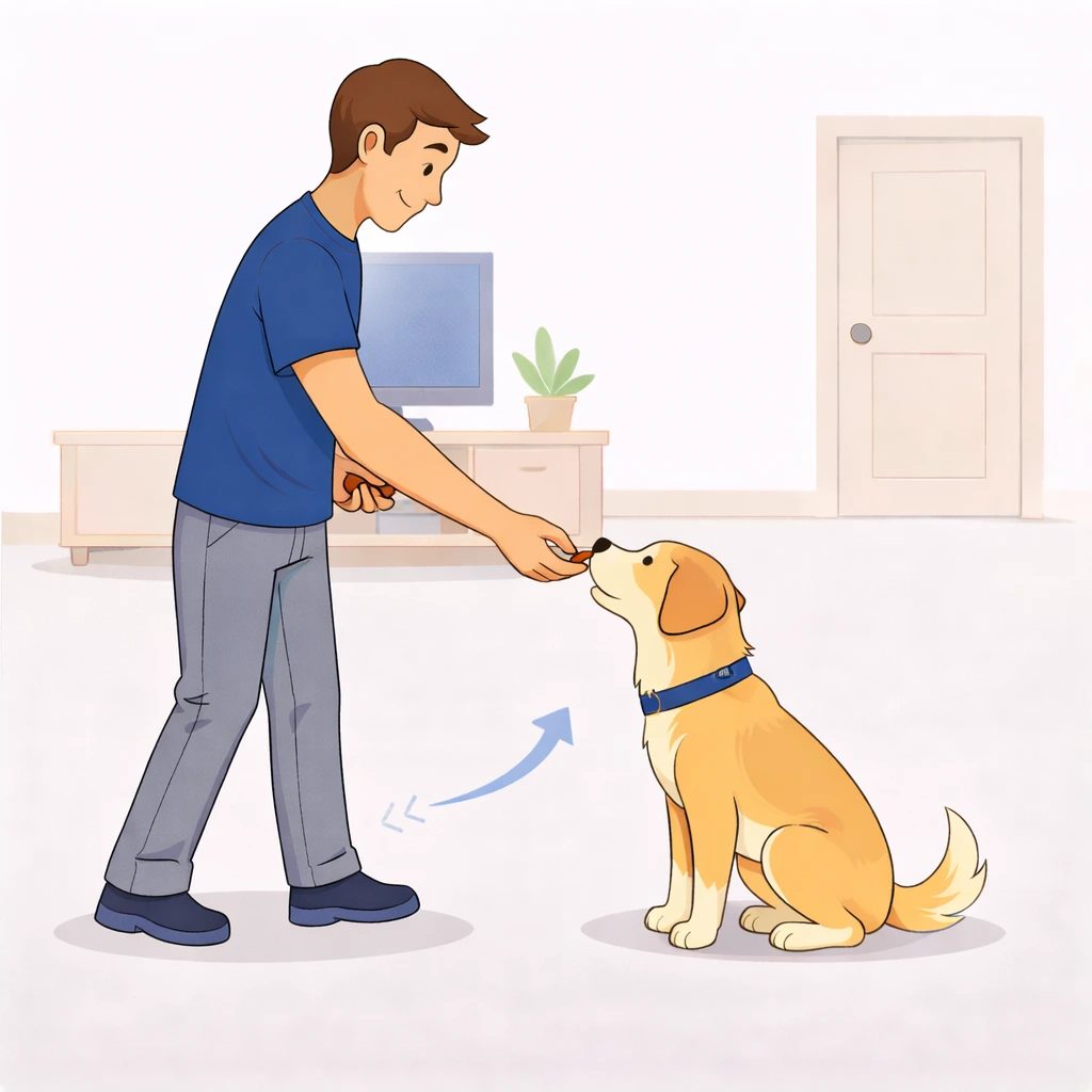 Person walking back to dog to deliver treat reward while dog holds stay