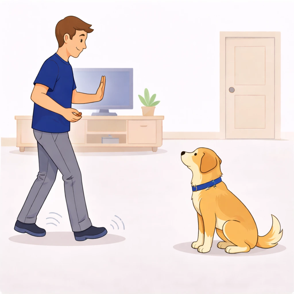 Person stepping backward away from dog while dog holds stay position