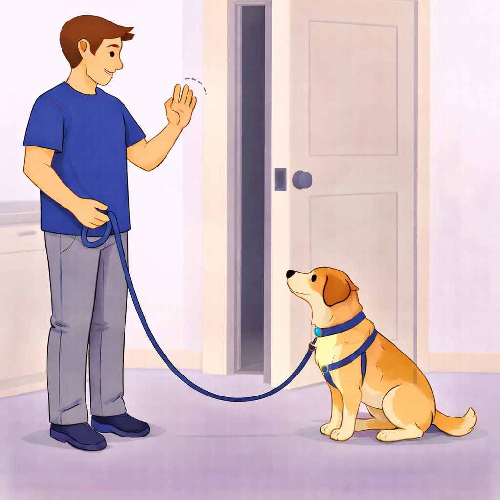 Person holding leash at doorway while dog pauses and waits before going through