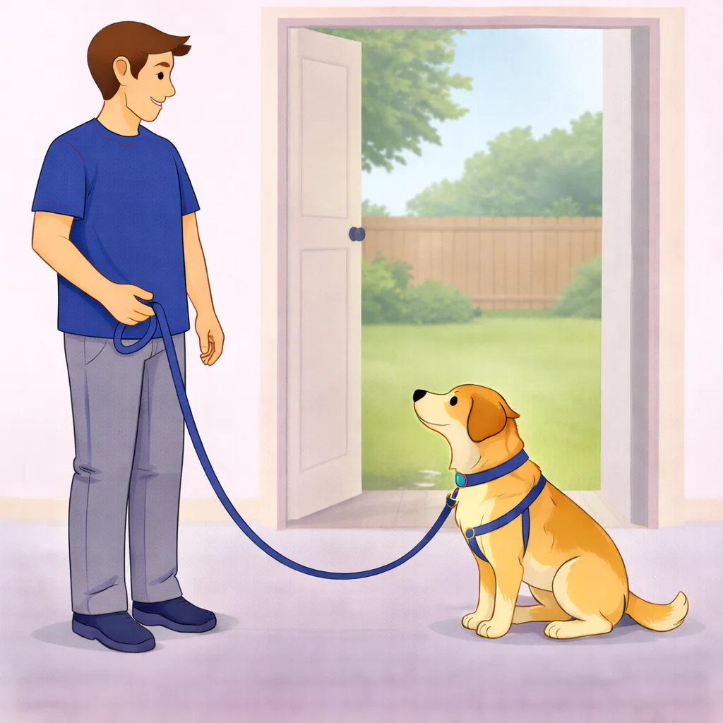 Dog sitting calmly while door is fully open waiting for release word to go through